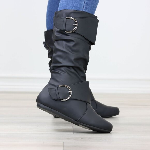 Black Mid-Calf Boots Slouch Shaft Faux Leather Side Zip Flat Sole - Picture 10 of 14